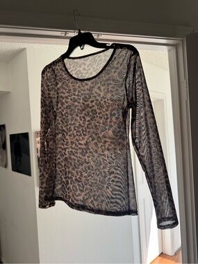 Sheer Leopard Print Long-Sleeve Top - Brown